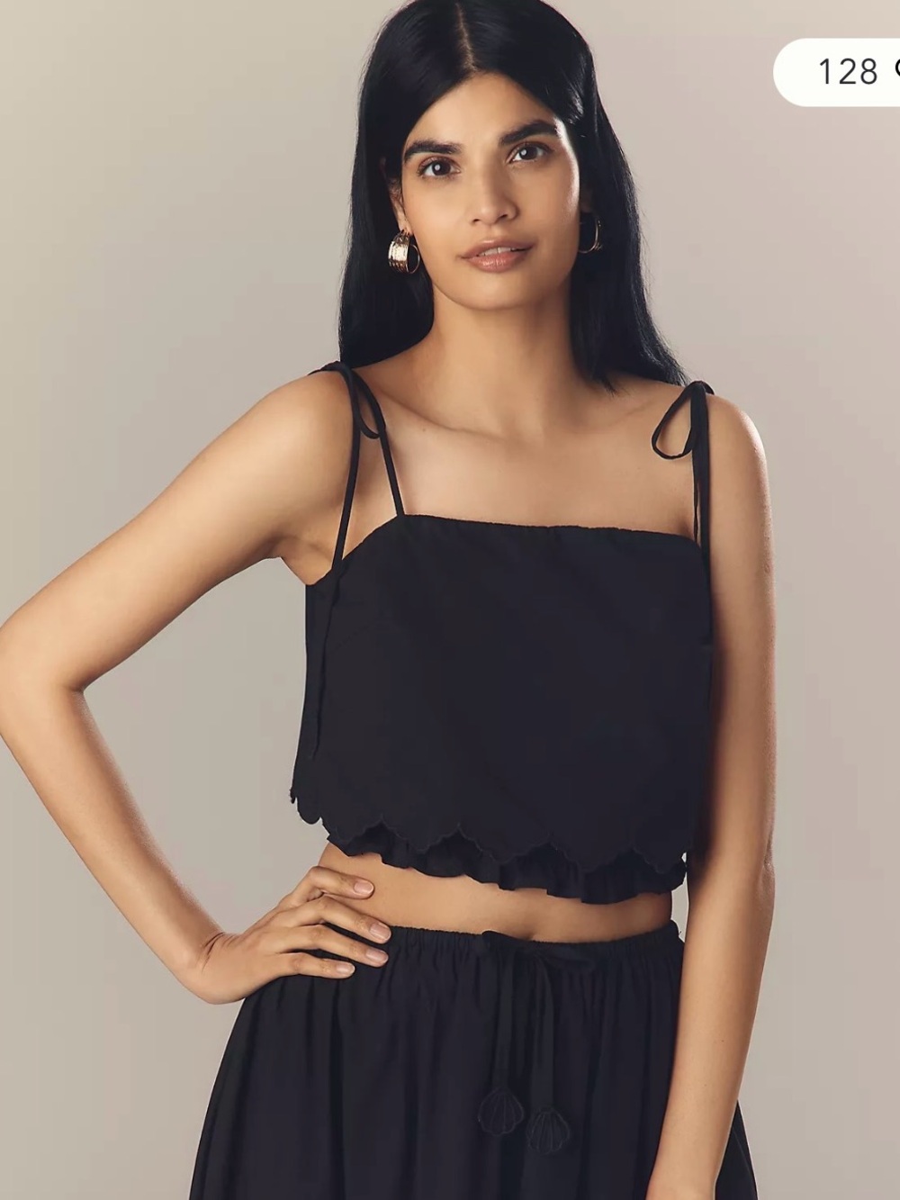 En Saison Black lined scalloped Cropped Tie-Strap Summer delliah Top NWT Large